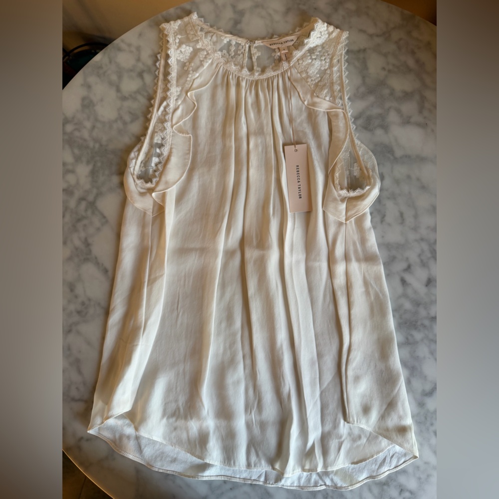 Rebecca Taylor 100% Silk Ivory Lace-Trim Sleeveless Dainty Size 4 Fairy NWT - Picture 2 of 10